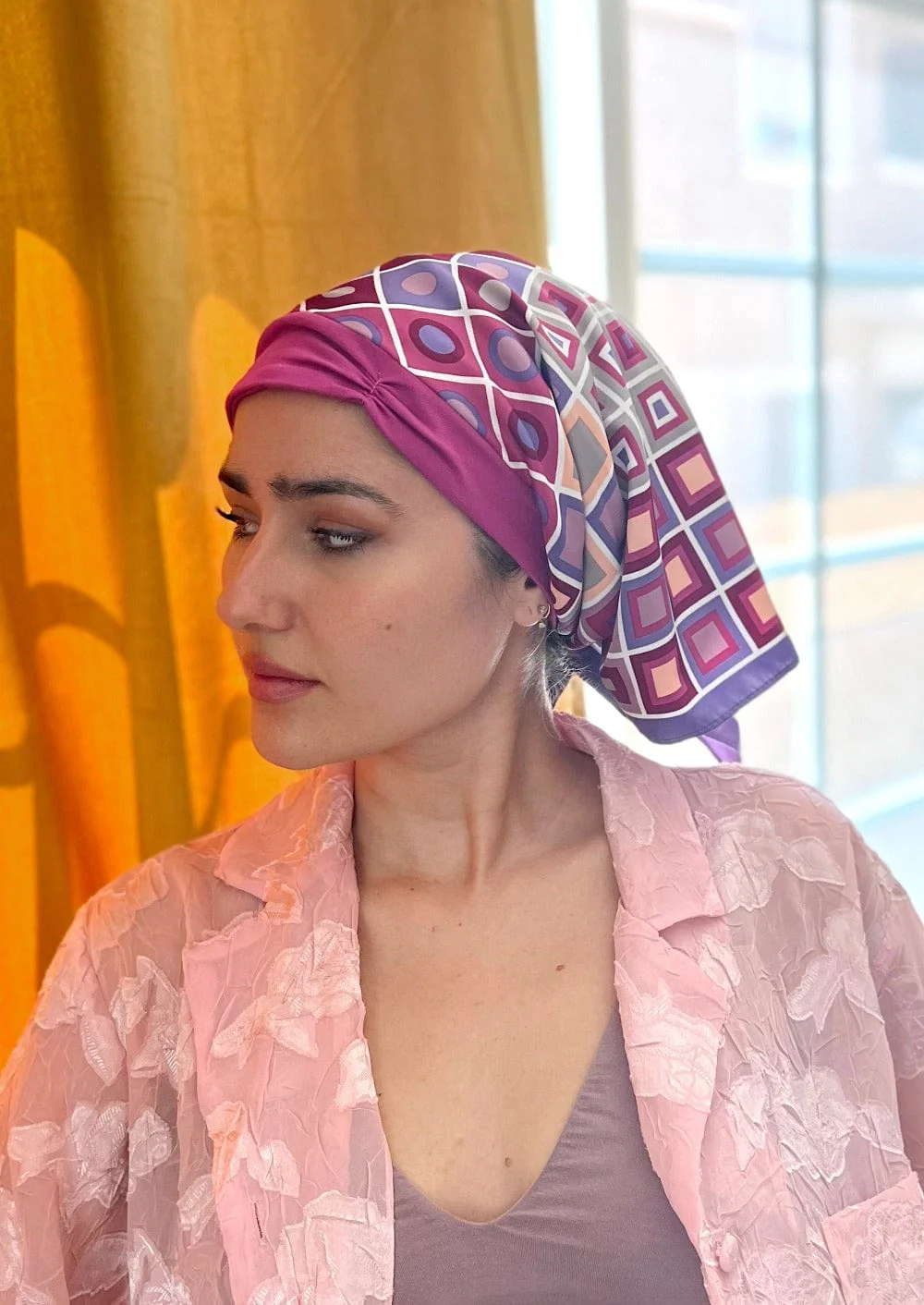 Retro Kerchief Headscarf - Pink Geometric - Image 4